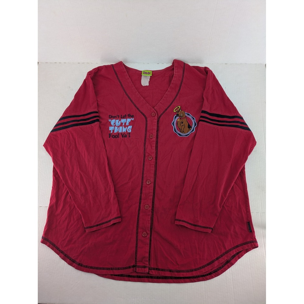 Scooby-Doo Cardigan Shirt Women 2XL Plus Red Scrappy Graphic Baseball Jersey Y2K